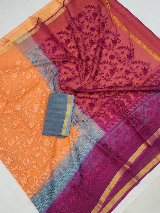 Pure Cotton Kota Doria Chikankari Saree