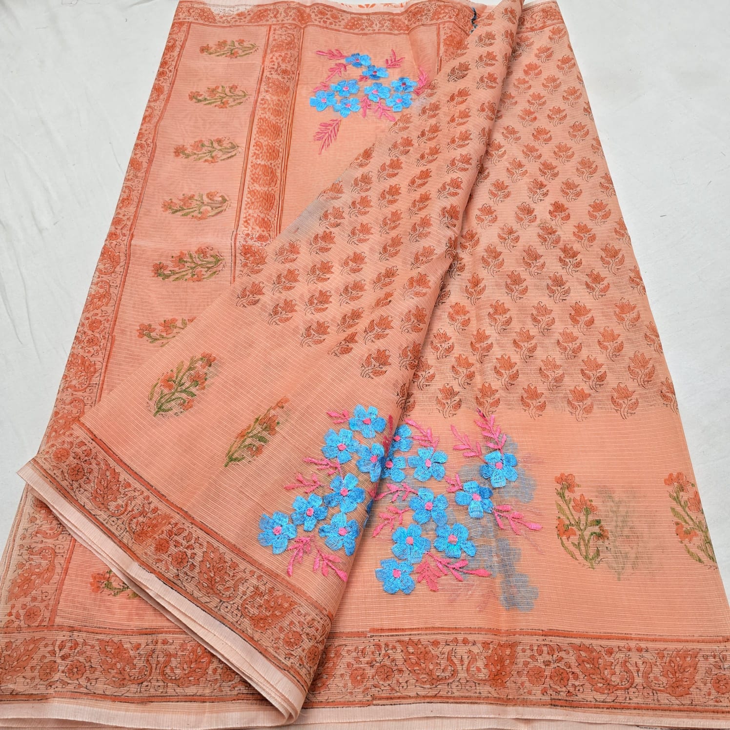 Kota Doria Embroidery Saree with Hand Block Print
