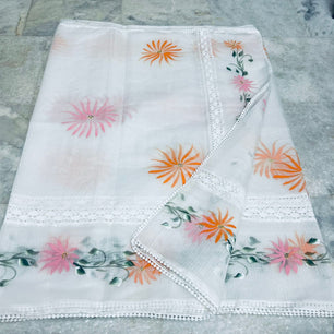 Kota Doria Crochet Lace Saree with Hand Painting