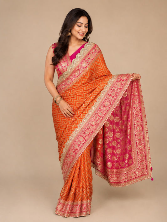 Exclusive Bridal Katan Georgette Saree with Lace & Aari Work