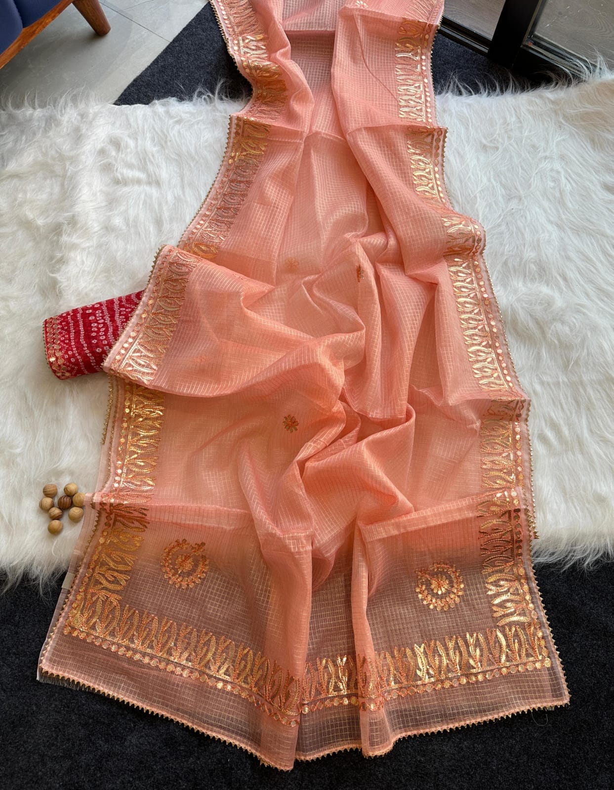 Kota Doria Jugnu Checks Saree With Gotta Patti Work
