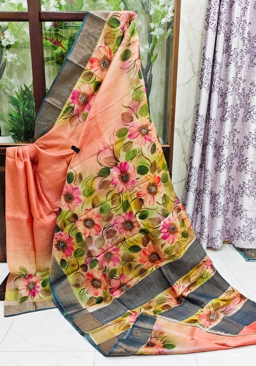 Hand Painted Pure Tussar Silk Saree