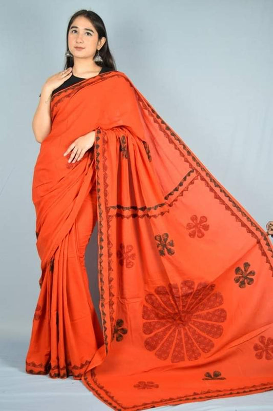 Applique Work Mul Cotton Saree with Ajrakh Blouse