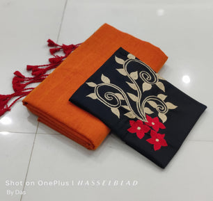 Plain cotton saree with embroidered blouse piece