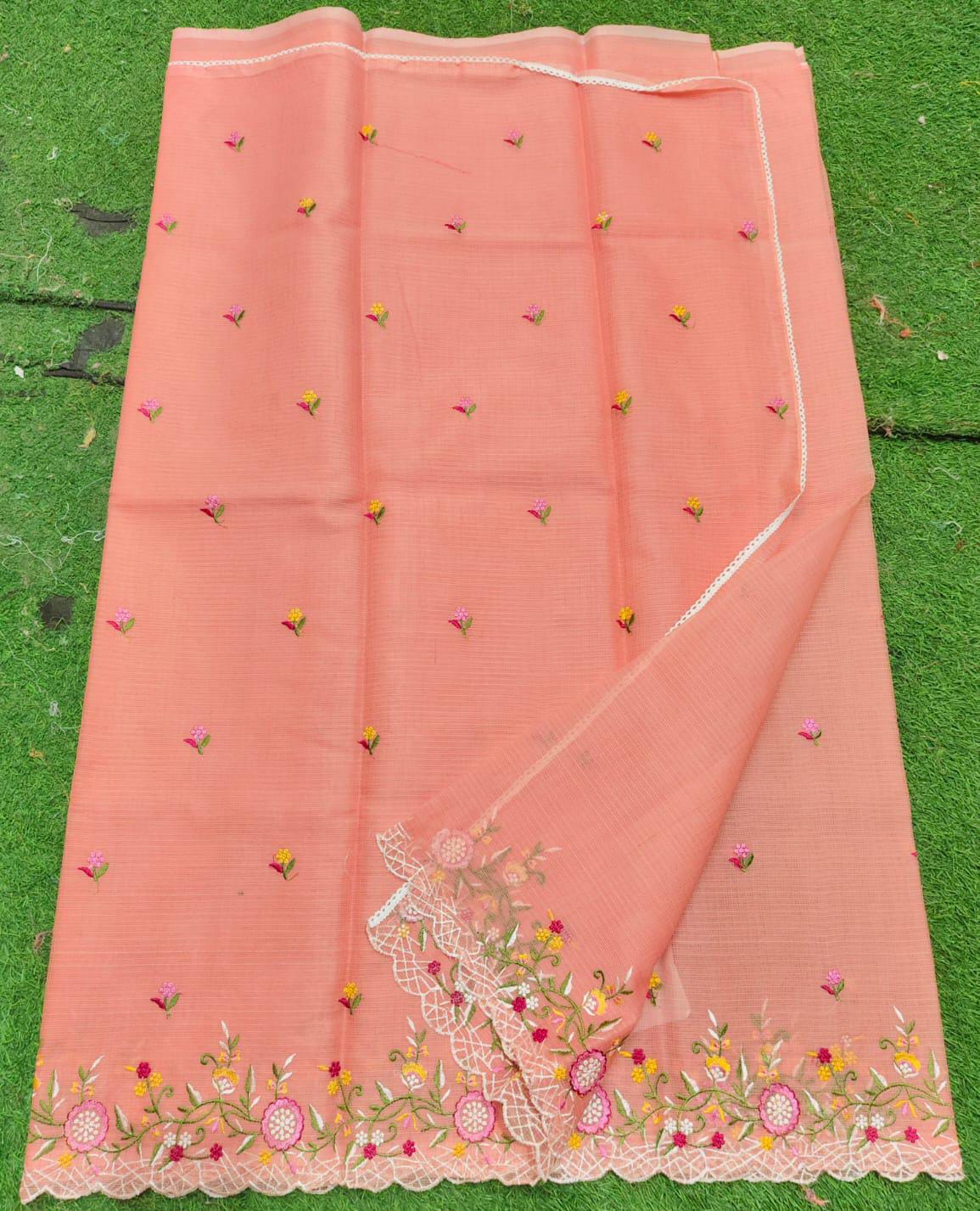 Kota Cotton Embroidery Cut & Lace Work Saree