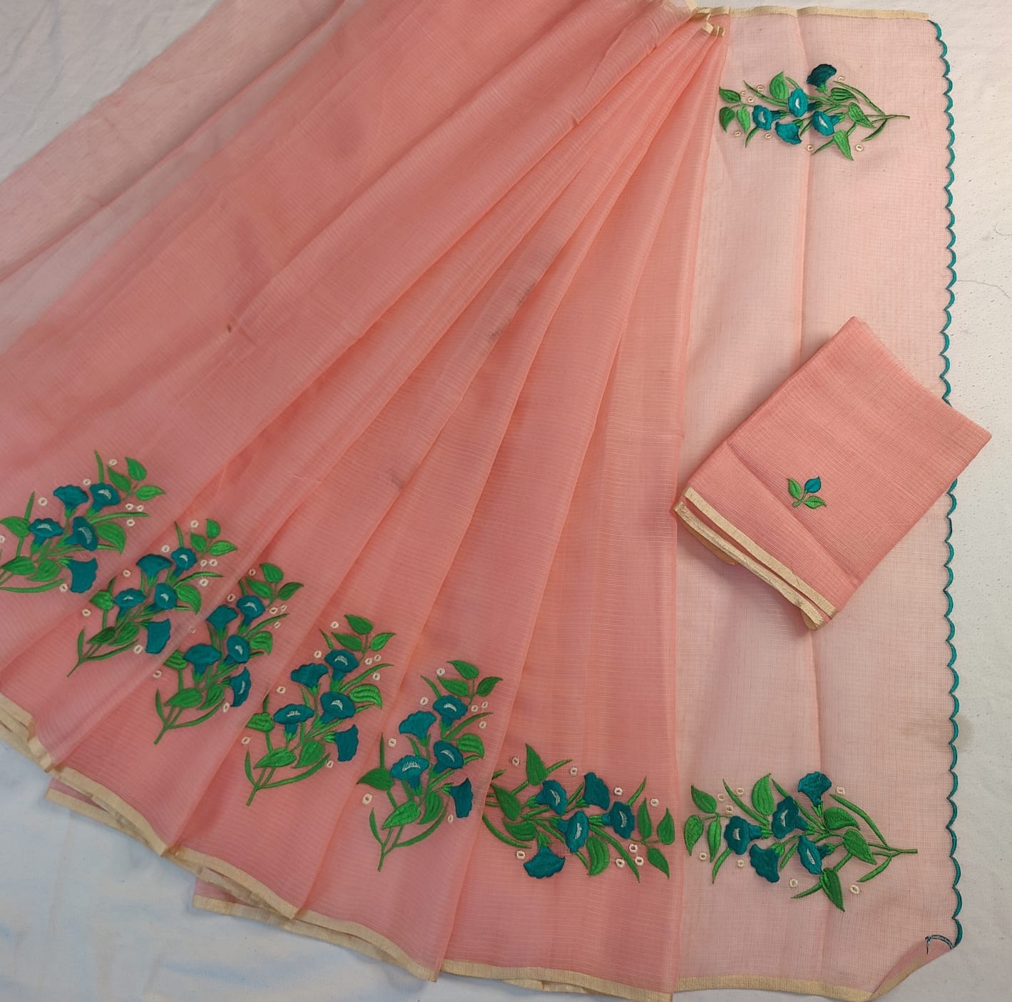 Kota Doria Saree with Hand Machine Embroidery Work