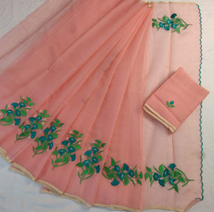 Kota Doria Saree with Hand Machine Embroidery Work