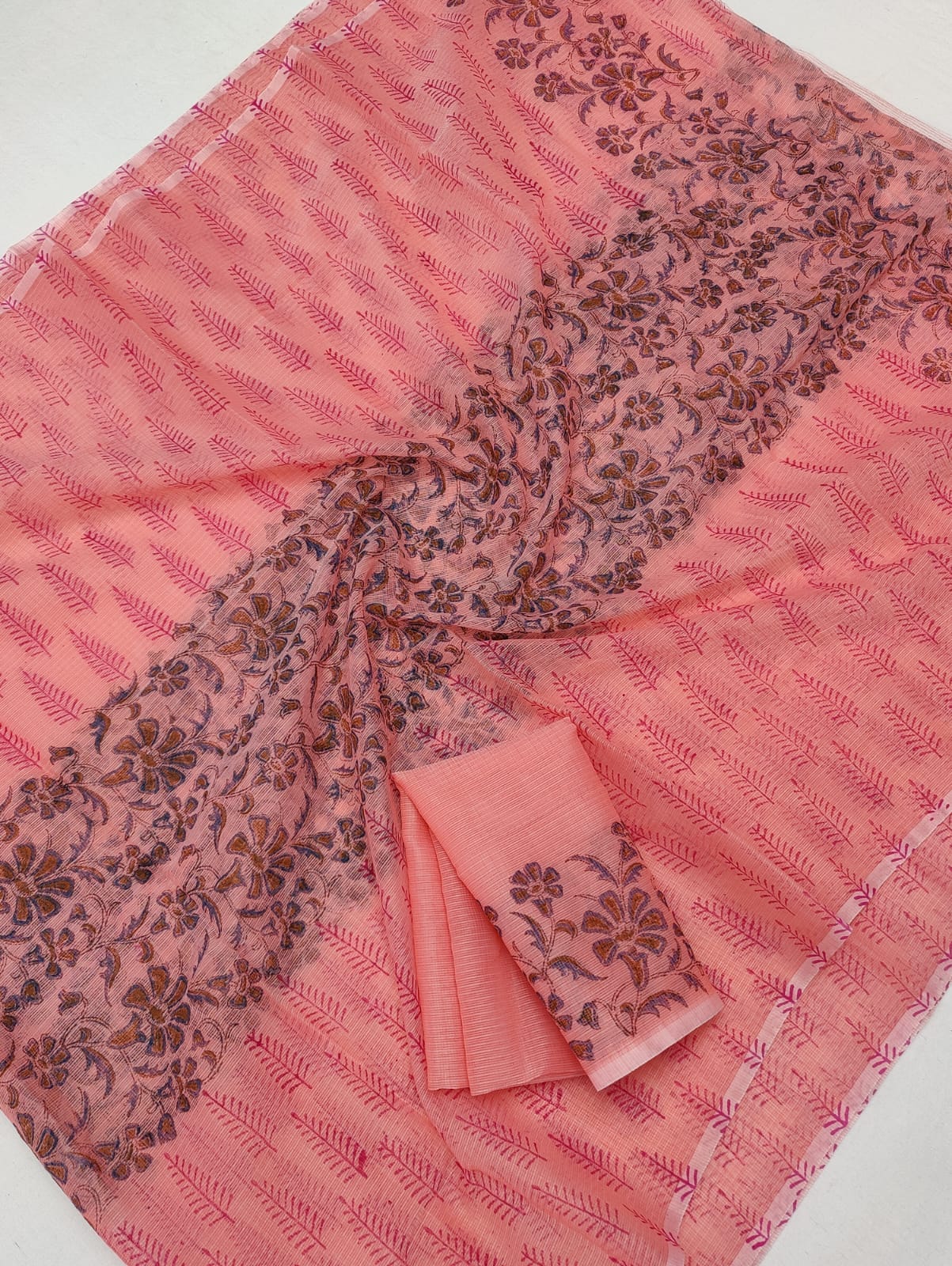 Kota Doria Soft Cotton Hand Block Printed Saree