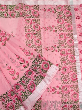 Kota Doria Soft Cotton Hand Block Printed Saree