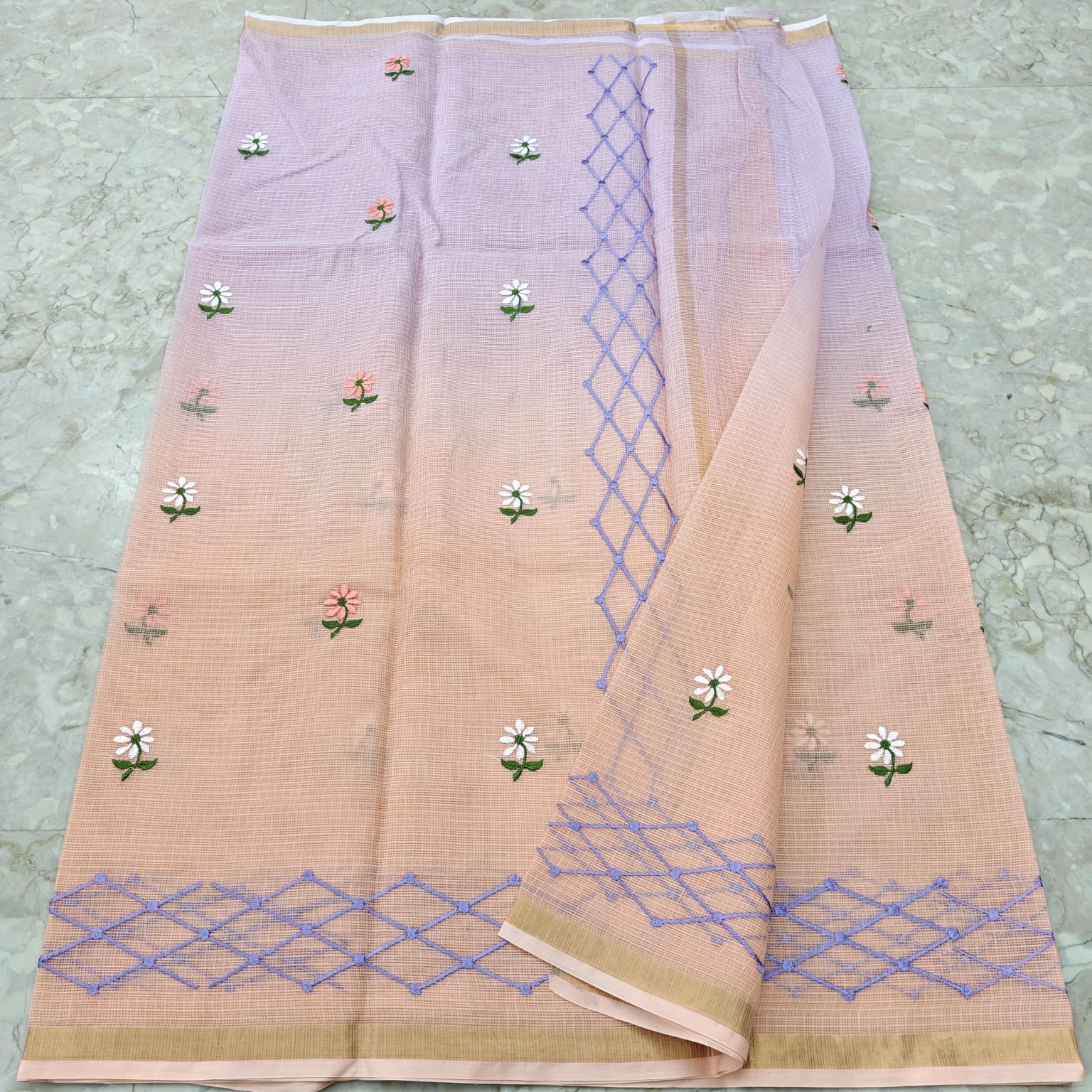 Kota Doria Pure Cotton Saree with Hand Machine Embroidery