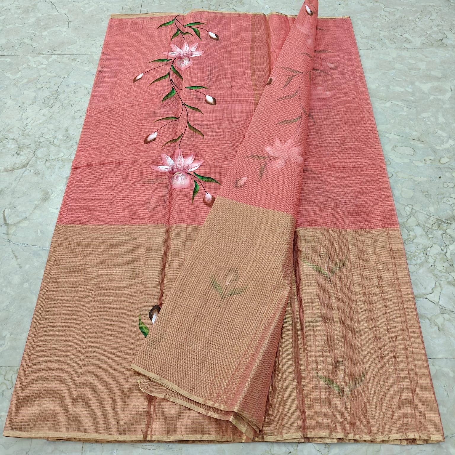 Pure Cotton Kota Half Tissue Hand Brush Paint Saree