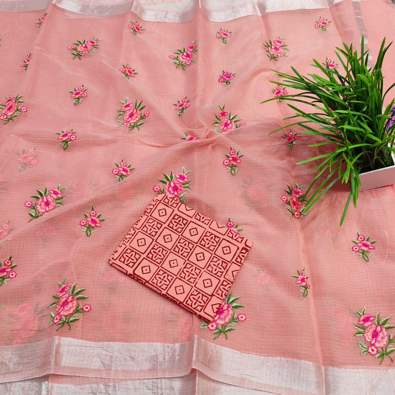 Kota Doria Embroidery Saree