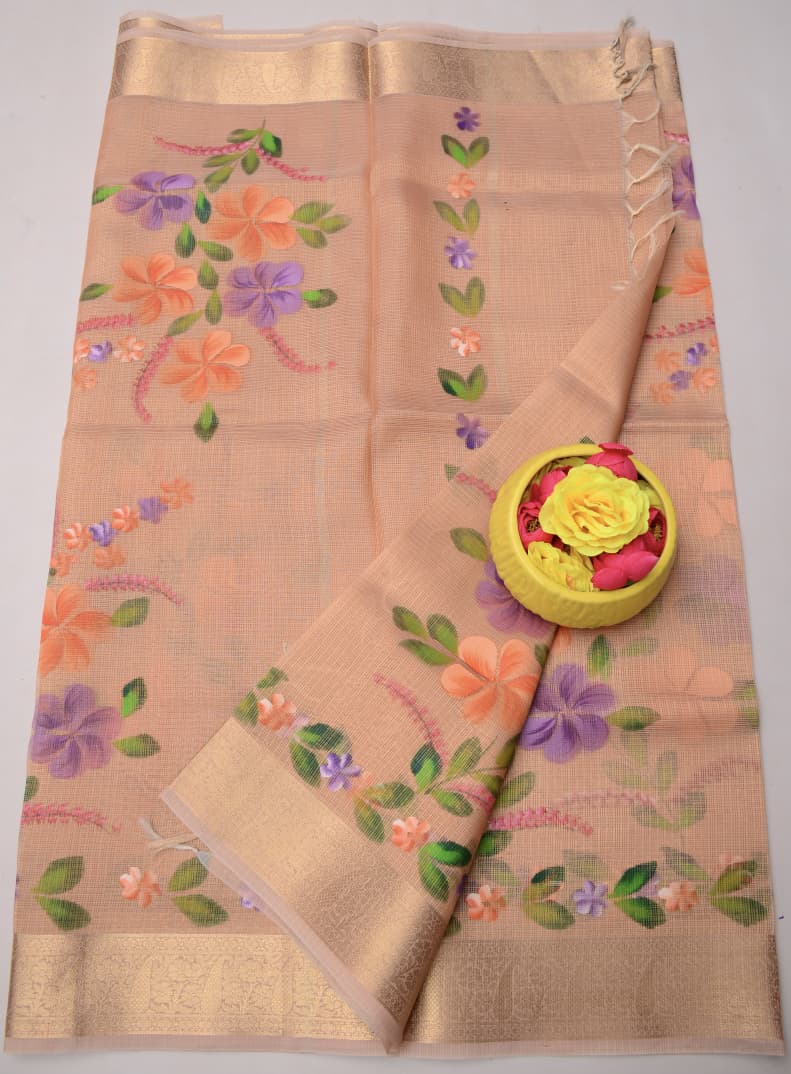 Kota Doria Semi Silk Hand Painted Saree