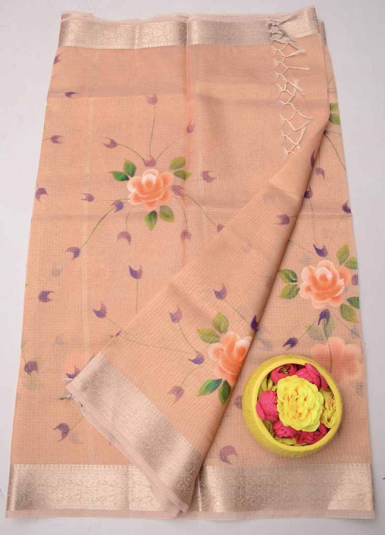Kota Doria Semi Silk Hand Painted Saree