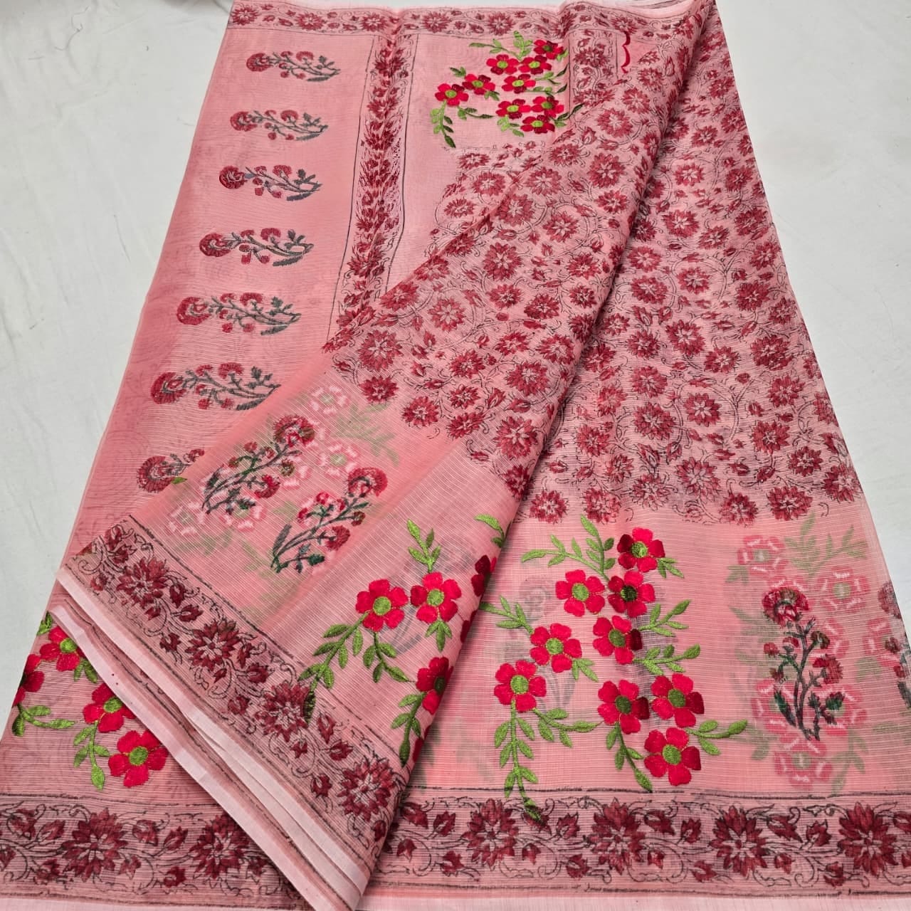 Kota Doria Embroidery Saree with Hand Block Print