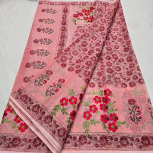 Kota Doria Embroidery Saree with Hand Block Print