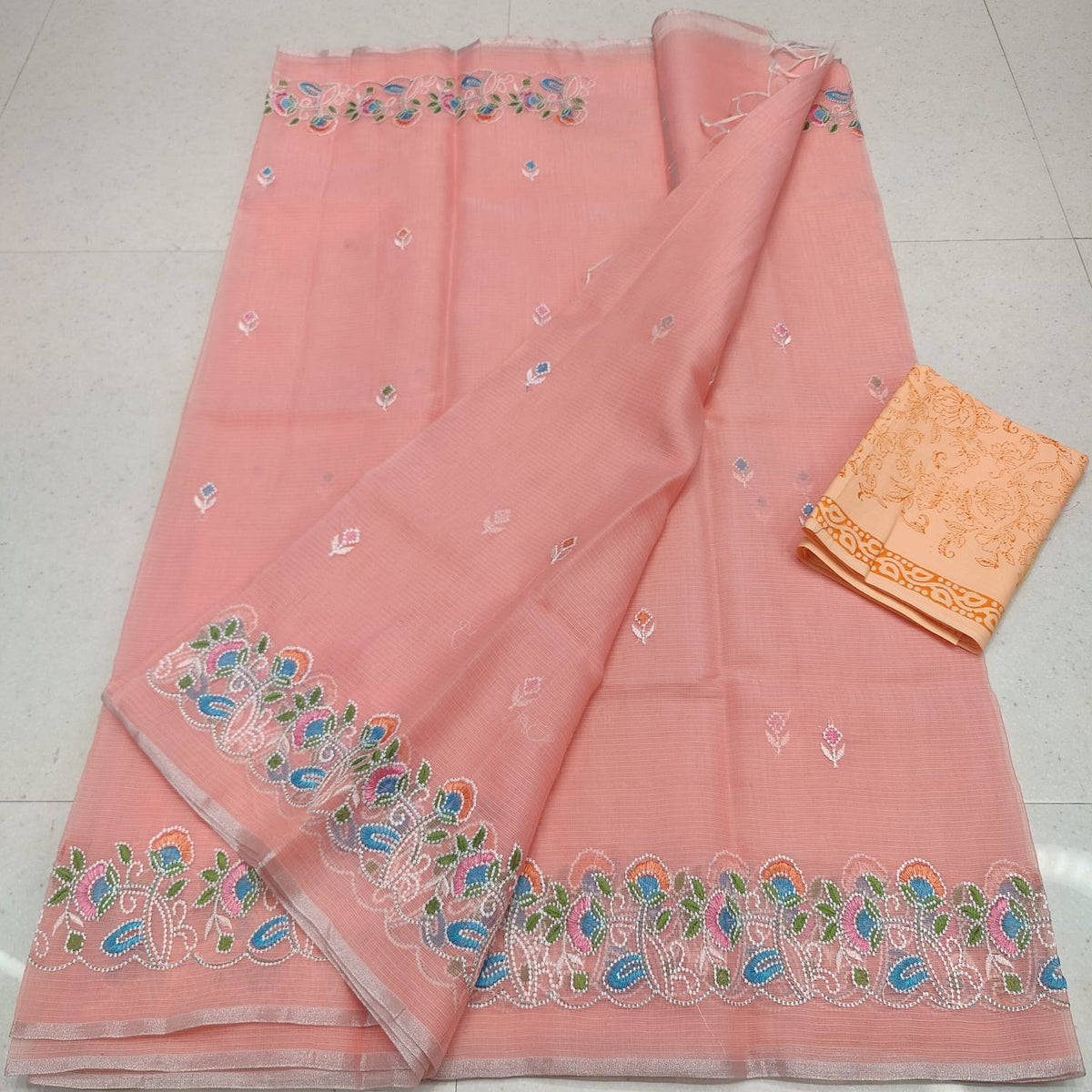 Kota Doria Mix Cotton Saree with Computerized Embroidery
