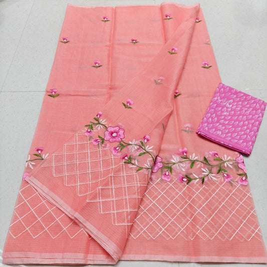 Kota Doria Mix Cotton Saree with Embroidery