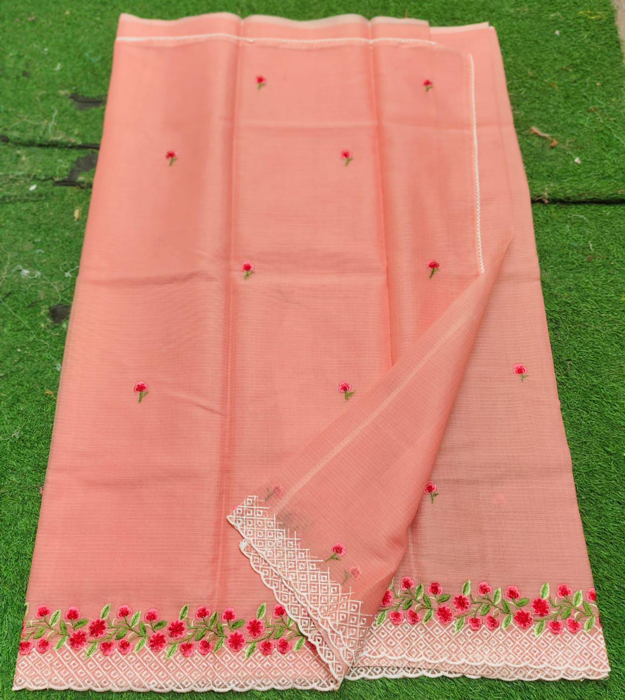 Kota Cotton Embroidery Cut & Lace Work Saree