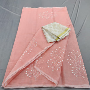 Kota Doria Mix Cotton Saree with Hand Machine Embroidery