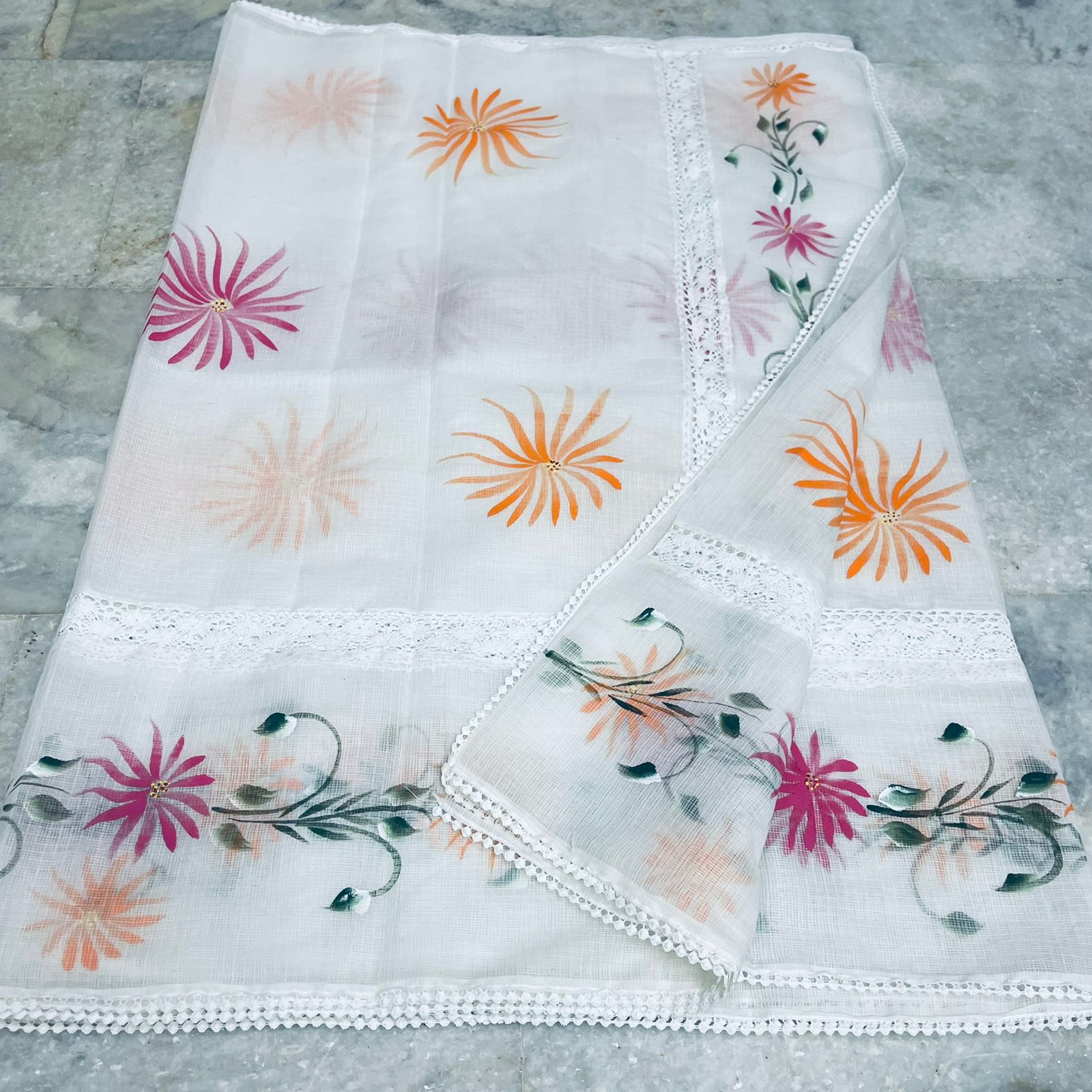 Kota Doria Crochet Lace Saree with Hand Painting