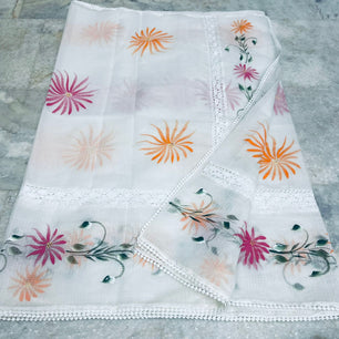 Kota Doria Crochet Lace Saree with Hand Painting