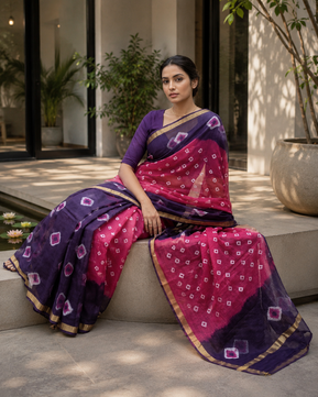 Pure Cotton Kota Doria Hand Shibori Bandhej Saree