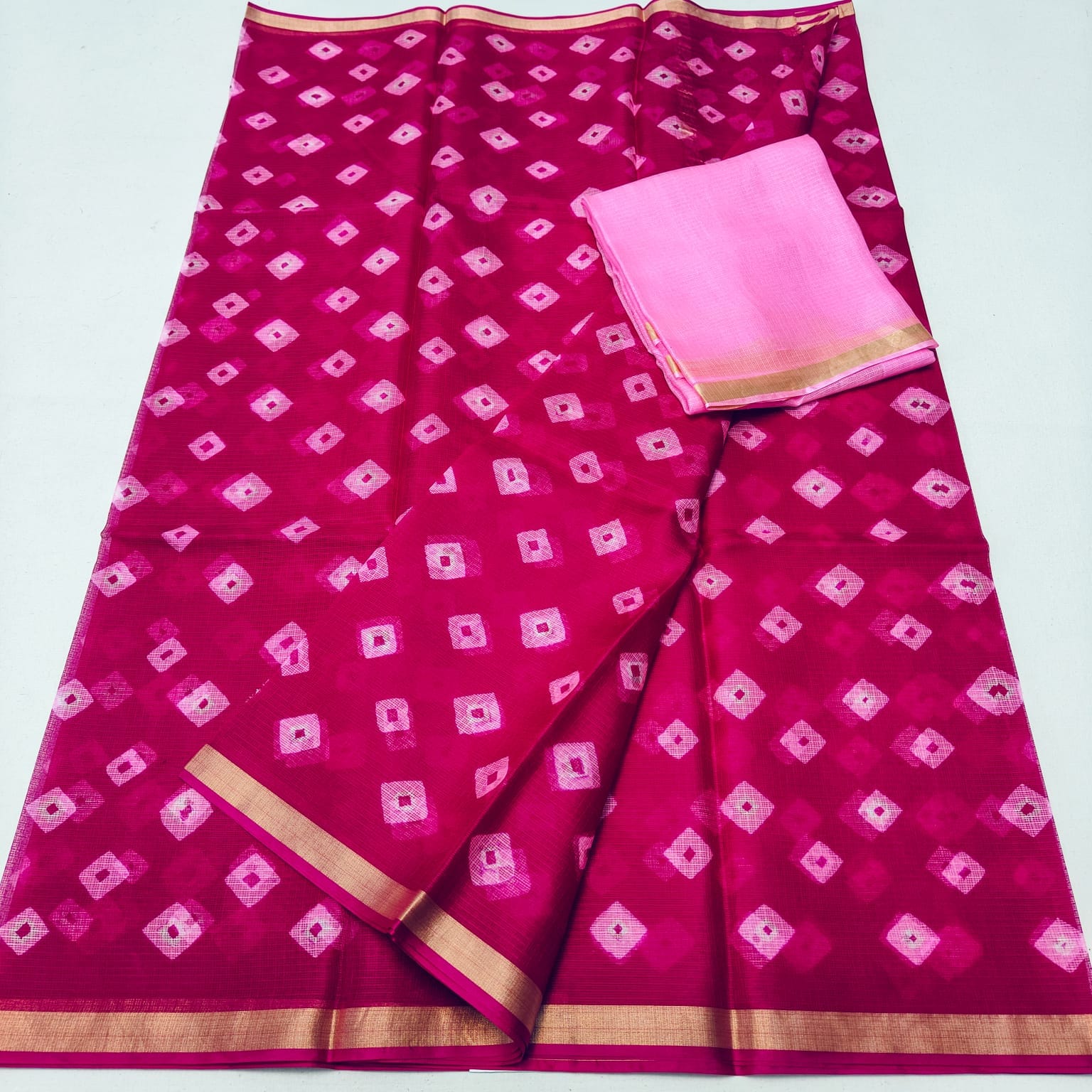 Kota Doria Pure Silk Saree with Hand Dye Bandhej
