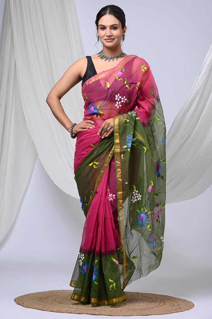 Pure Kota Doria Cotton Hand Painted Saree