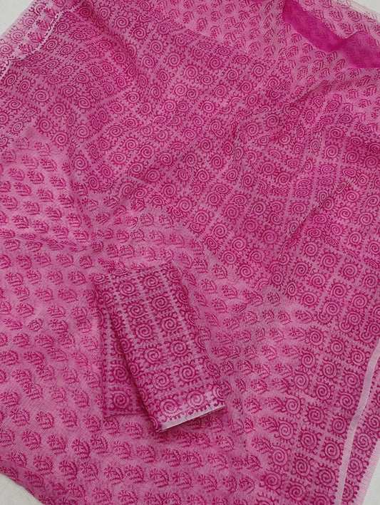 Kota Doria Soft Cotton Hand Block Printed Saree