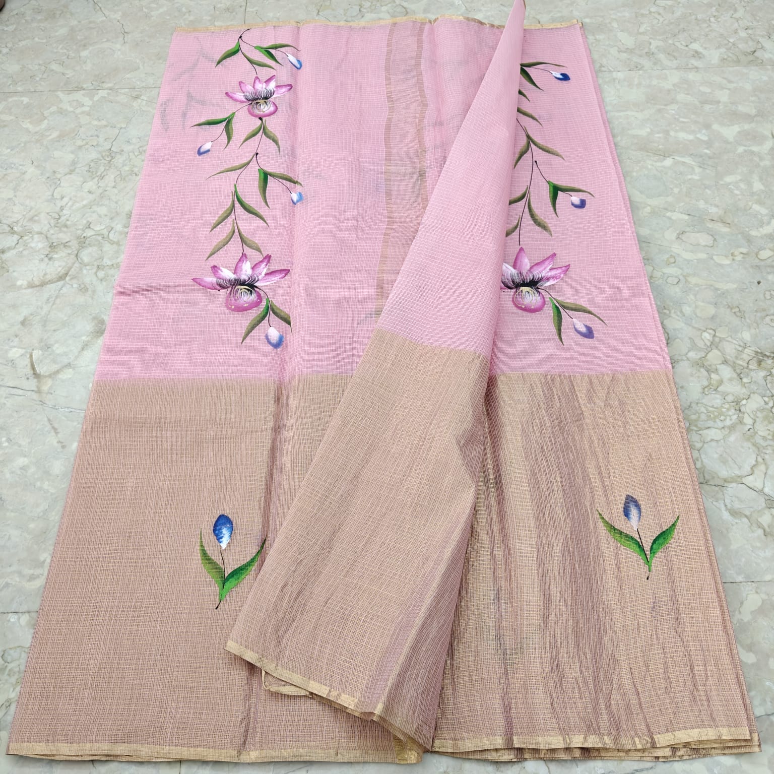 Pure Cotton Kota Half Tissue Hand Brush Paint Saree