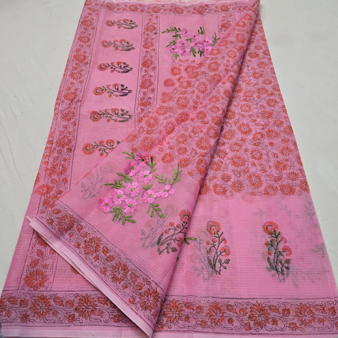 Kota Doria Embroidery Saree with Hand Block Print