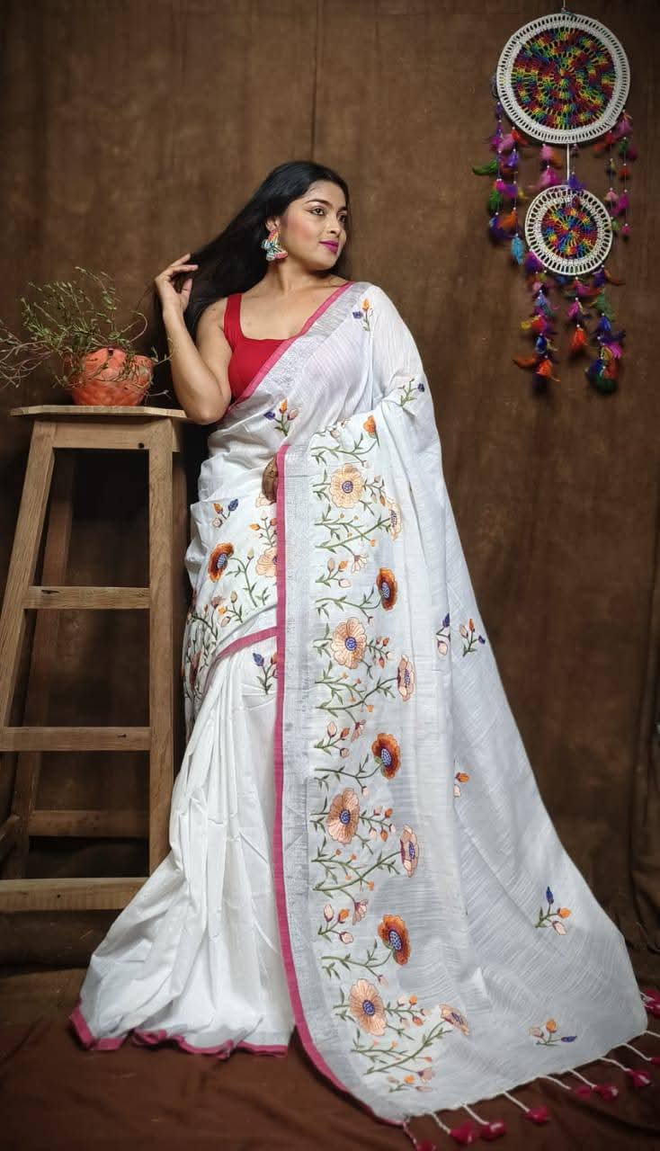 Linen by Linen Saree with Embroidery