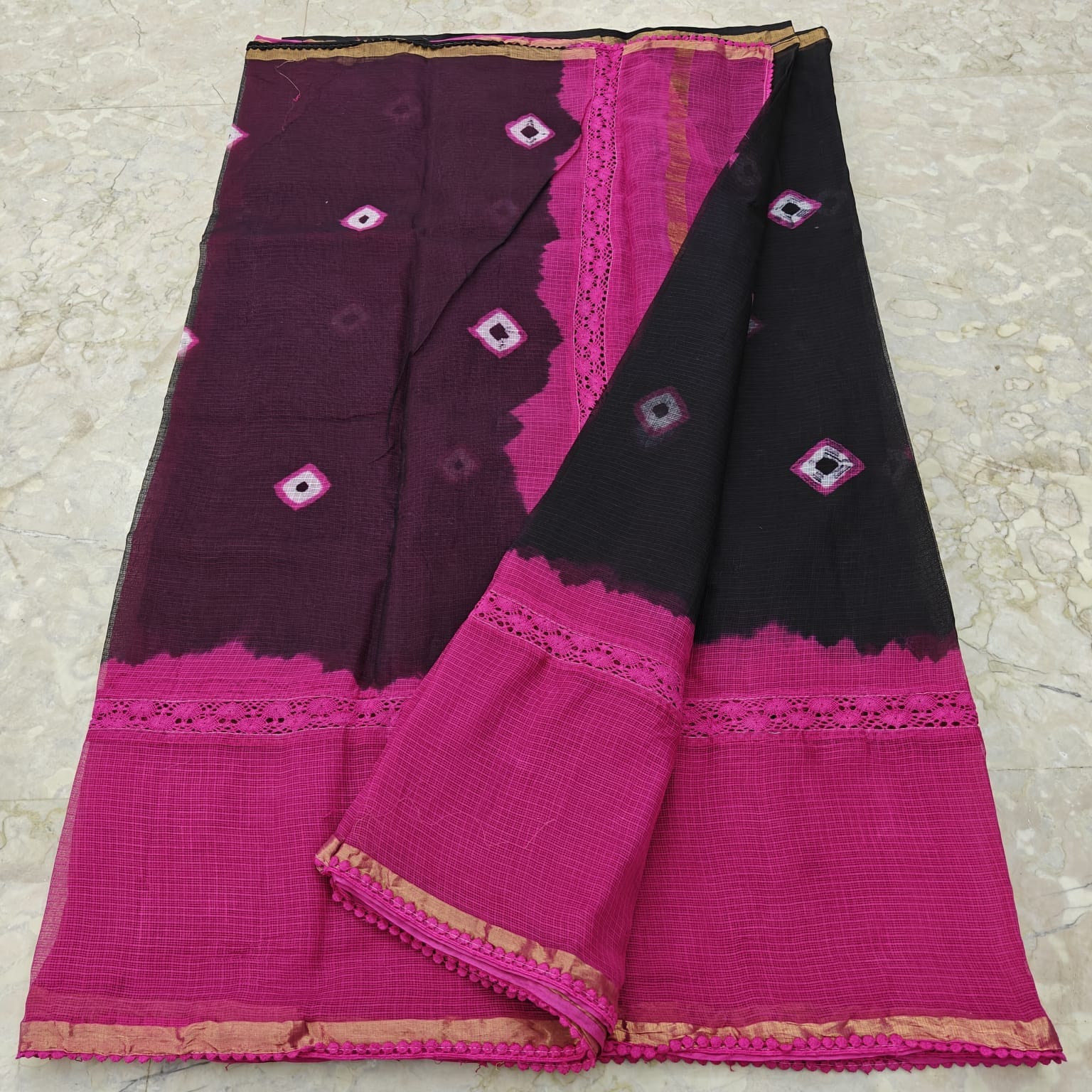 Pure Cotton Kota Bandhej Saree with Crochet Lace Work