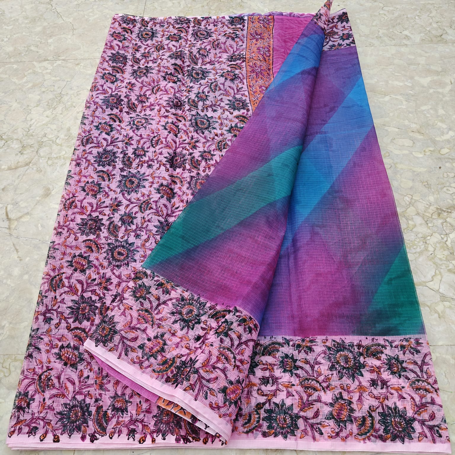 Kota Doria Hand Block Print Saree