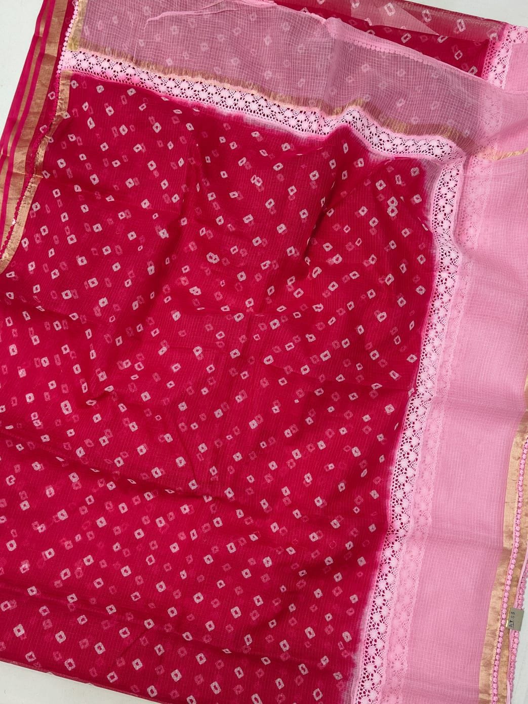 Kota Doria Bandhej Saree with Croatia Lace
