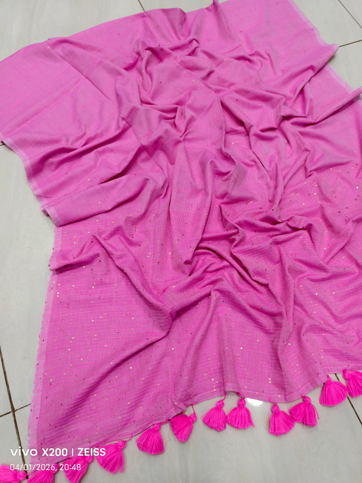 Handloom Sequins Cotton Saree with Zari Border