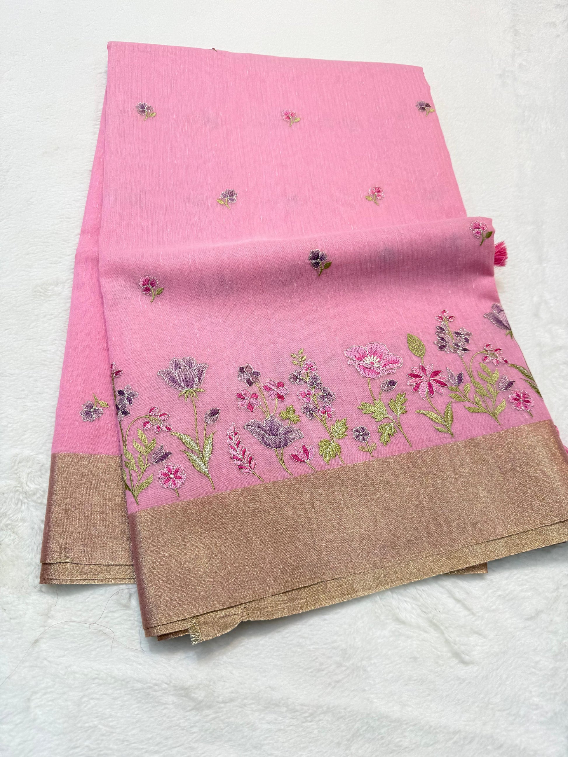 Linen Embroidery Work Saree