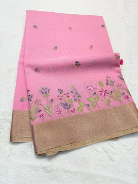 Linen Embroidery Work Saree