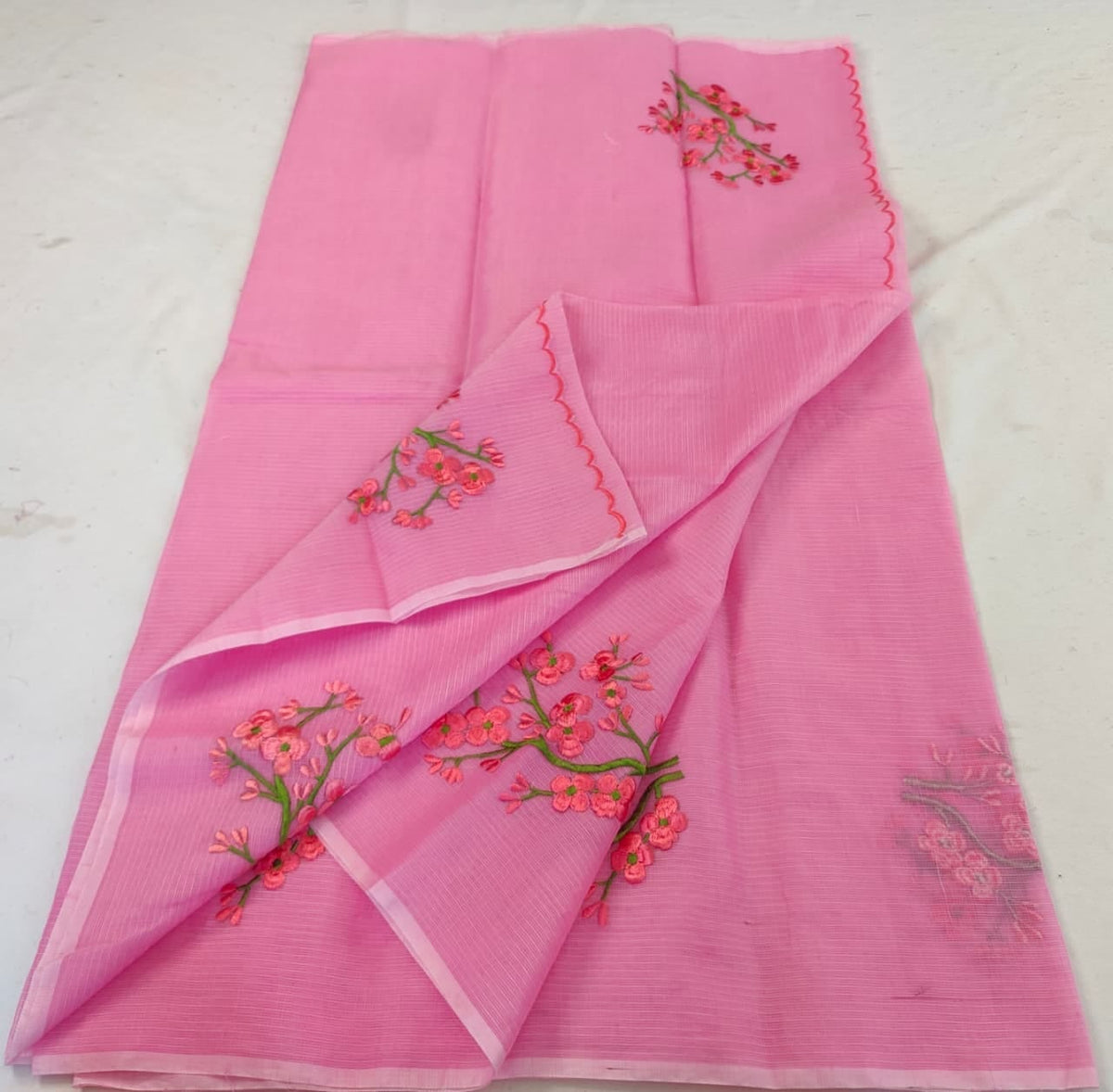 Kota Doria Saree with Hand Machine Embroidery Work