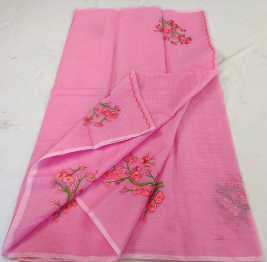 Kota Doria Saree with Hand Machine Embroidery Work