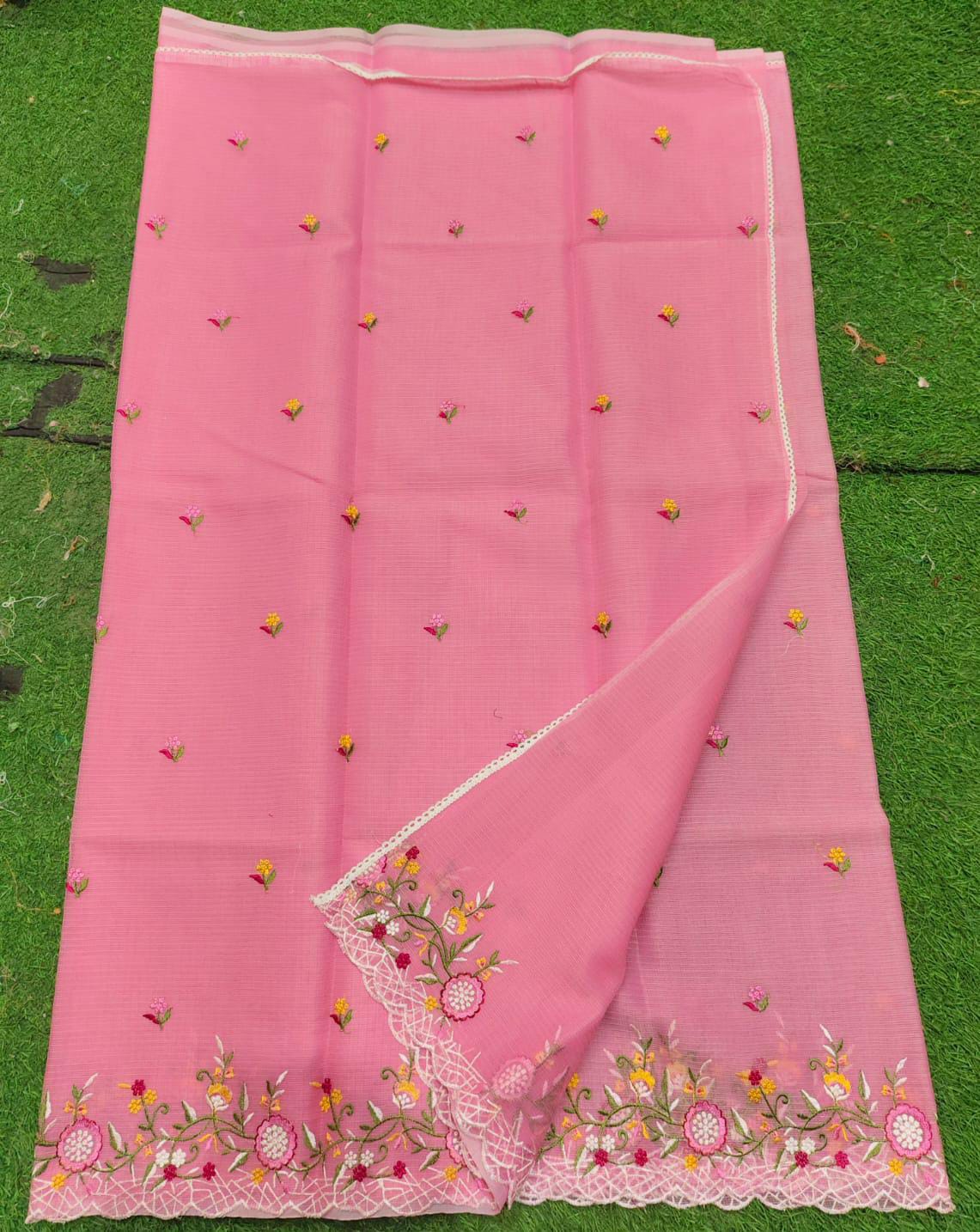 Kota Cotton Embroidery Cut & Lace Work Saree