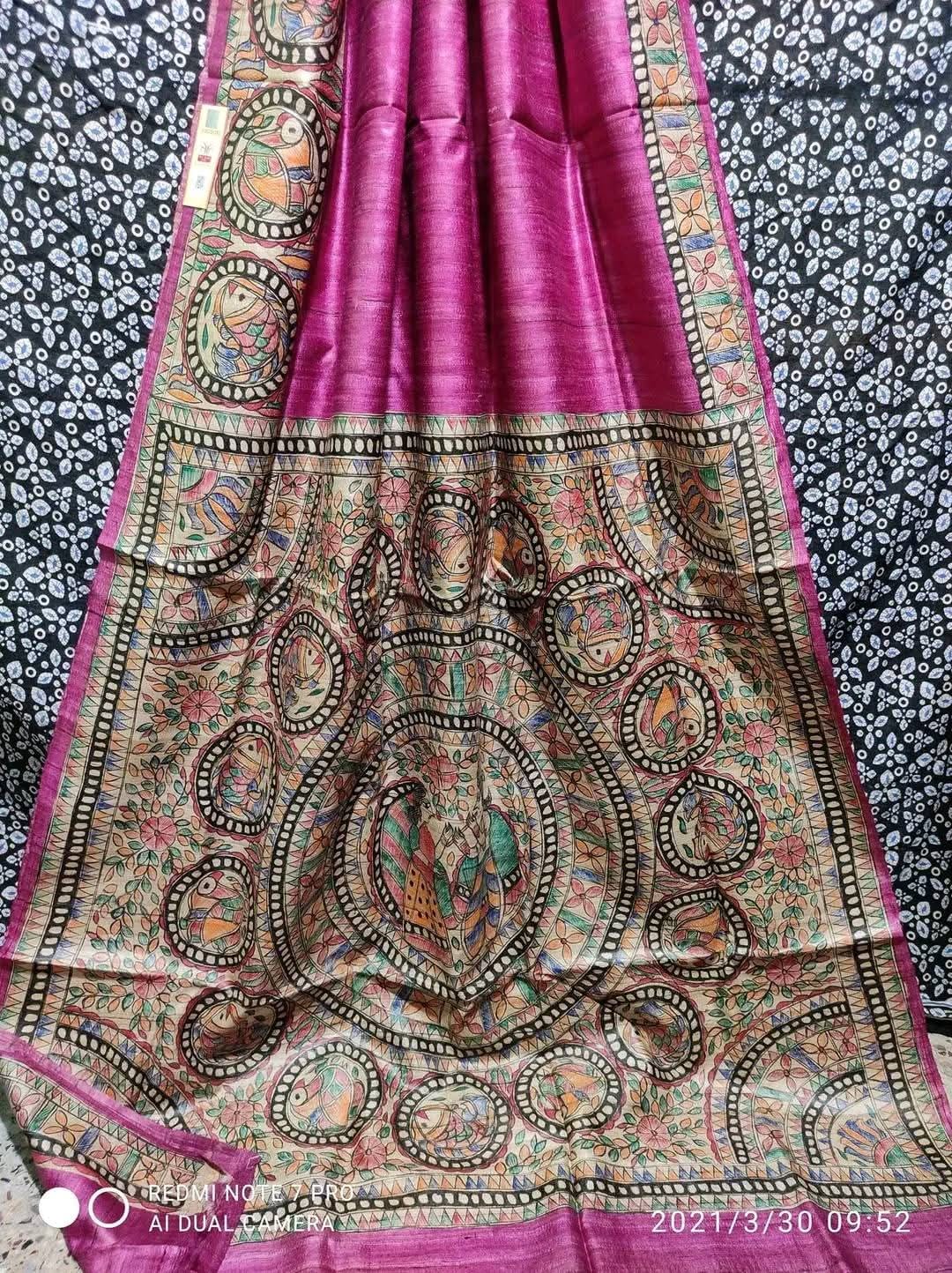 Handloom Tussar Ghicha Silk Saree with Hand-Painted Madhubani