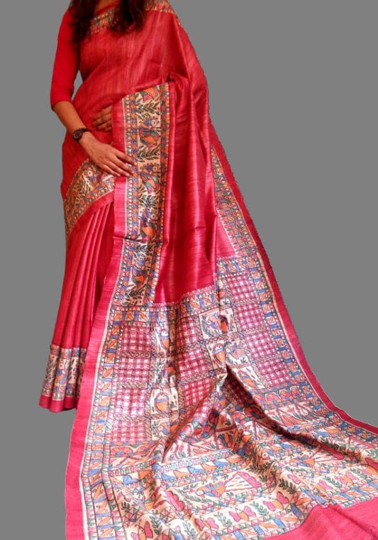Tussar Ghicha Silk Saree with Hand-Painted Madhubani