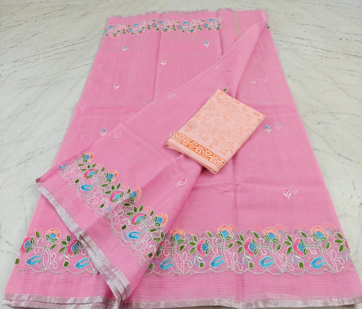 Kota Doria Mix Cotton Saree with Computerized Embroidery