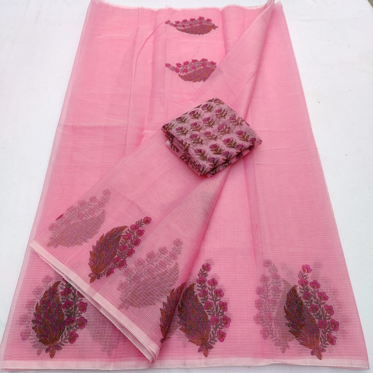 Kota Doria Mix Cotton Hand Block Printed Saree