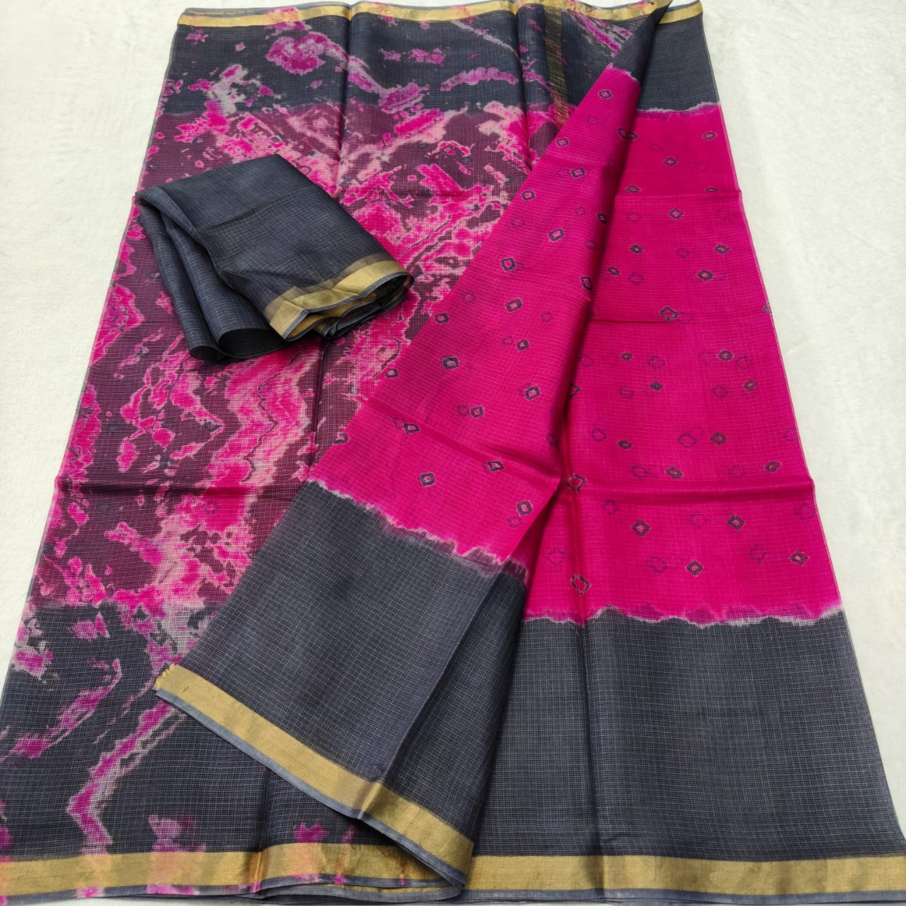 Kota Doria Pure Silk Saree with Hand Dye Bandhej