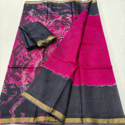 Kota Doria Pure Silk Saree with Hand Dye Bandhej