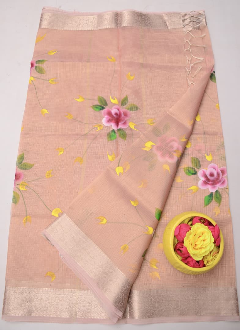 Kota Doria Semi Silk Hand Painted Saree