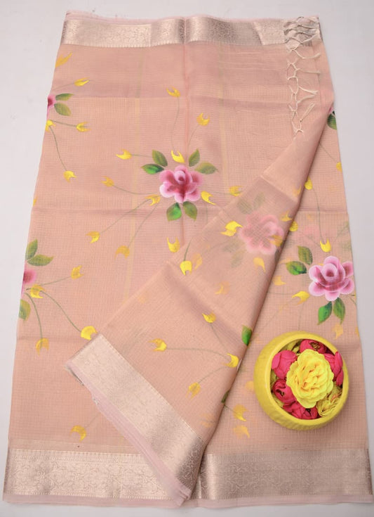 Kota Doria Semi Silk Hand Painted Saree